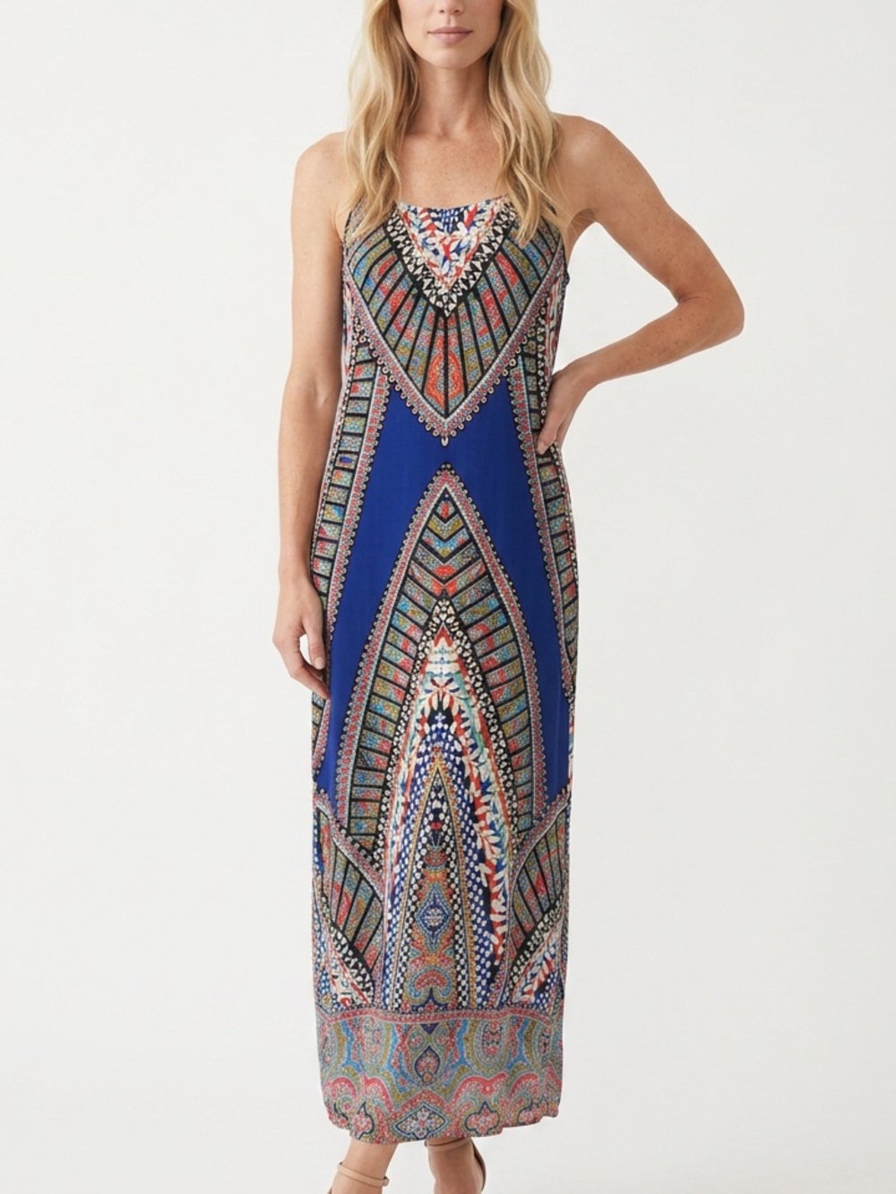 Anthro Greylin - Tribal Motif Navy Maxi Dress w/ Side Slits & Adjustable Ties